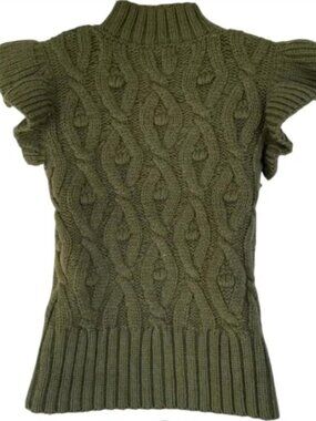 INDUSTRY REPUBLIC flutter sleeve cable knit sweater in olive green, XS